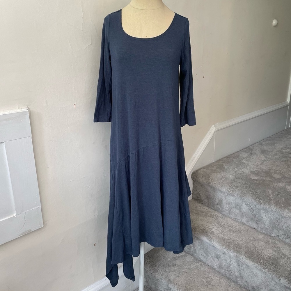 Chalet Blue Cotton Blend 3/4 Sleeve Lagenlook Scoop Neck Asymmetrical Dress XS